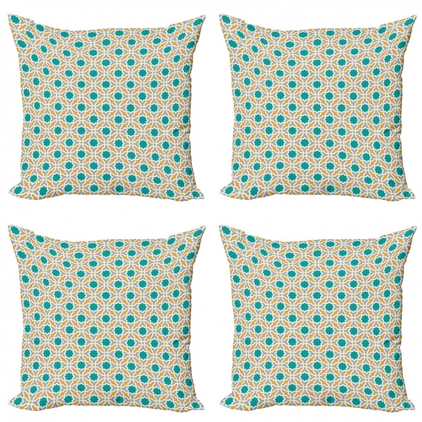 Abstract Geometric Pattern Eastern Oriental Symmetric Design Print Mustard Teal and Grey Ambesonne Teal Throw Pillow Cushion Case Pack of 4 18 Modern Accent Double-Sided Digital Printing 
